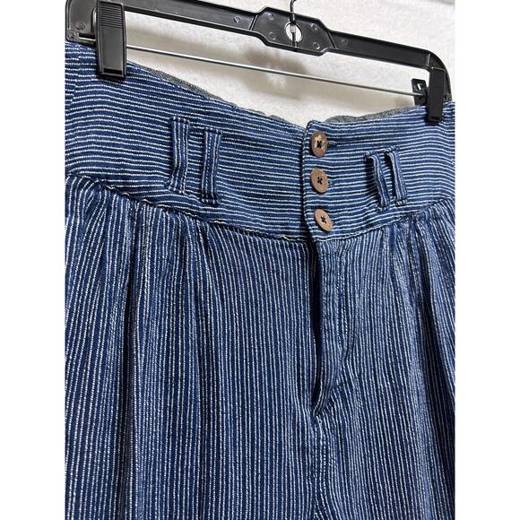 Free People Striped Pants 4 Blue White 100% Cotton High Rise Straight Leg Boho - Picture 4 of 9